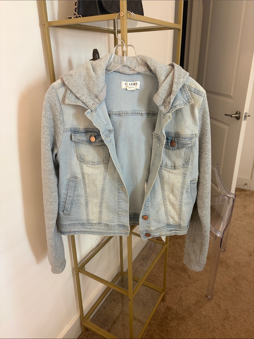 Ci Sono Light Blue Denim Jacket with Gray Hooded Sleeves